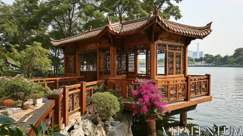 Traditional Chinese Pavilion in a Serene Lake AI Image