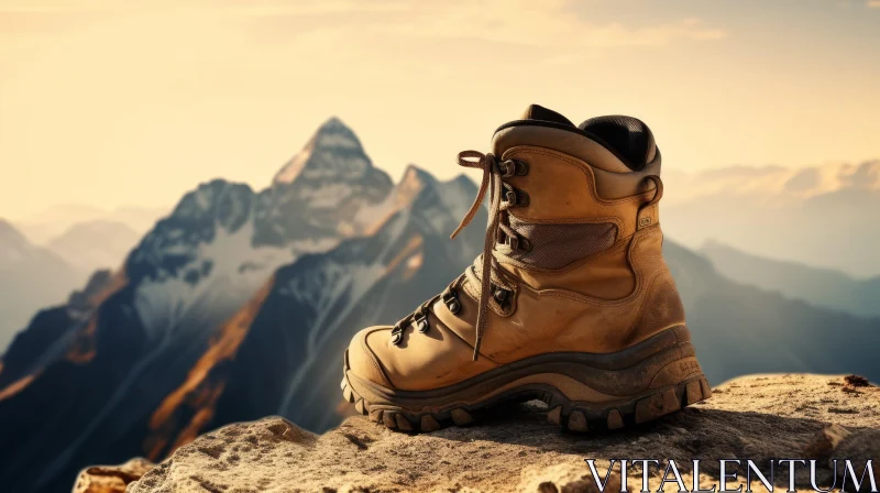 Brown Hiking Boot on Rock with Mountain Landscape AI Image