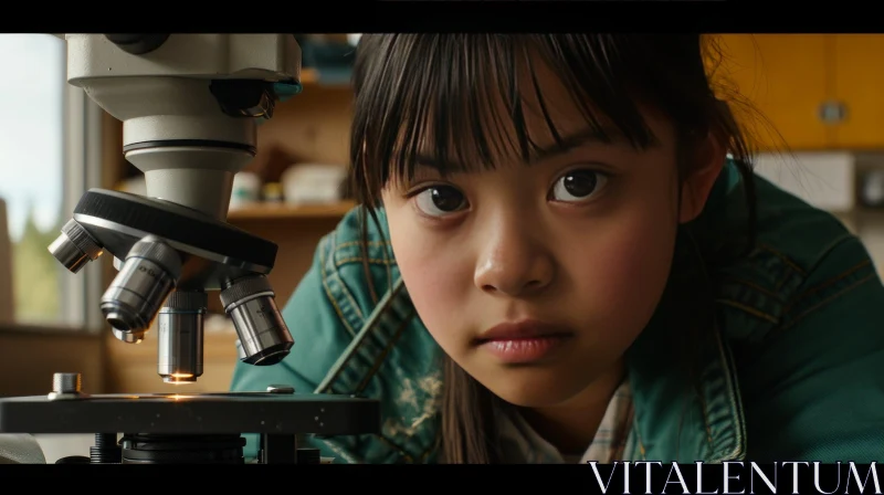 Captivating Artwork: Young Girl Examining Microscope Slide AI Image
