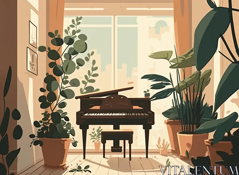 Captivating Illustration: Piano Room with Potted Plants in Animated Style AI Image