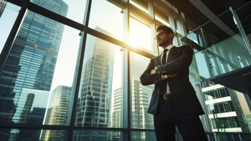 Confident Businessman in Modern Office Building | City Skyline View