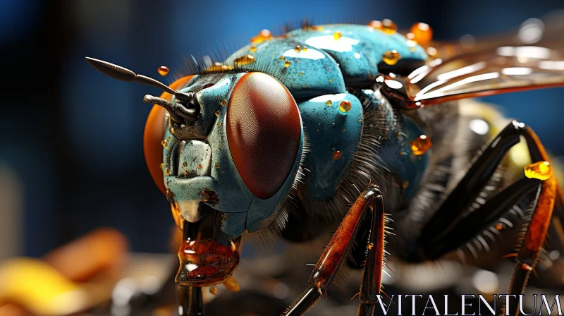 Detailed Blue and Orange Fly Close-Up on Dark Surface AI Image