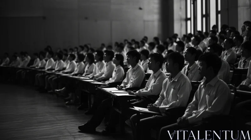 Enthralling Black and White Photo of Students in a Lecture Hall AI Image