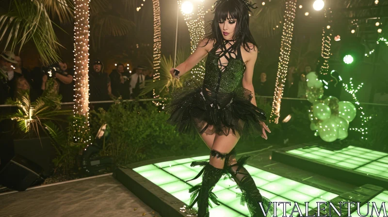 Ethereal Dance: Captivating Woman in Black Tutu on Lighted Dance Floor AI Image