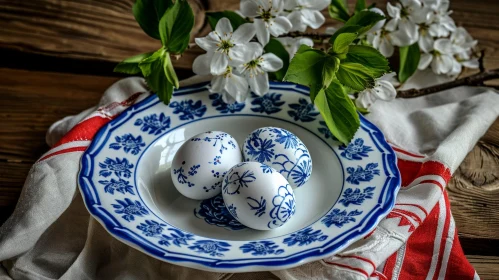 Exquisite Still Life: Easter Eggs on Blue and White Porcelain Plate