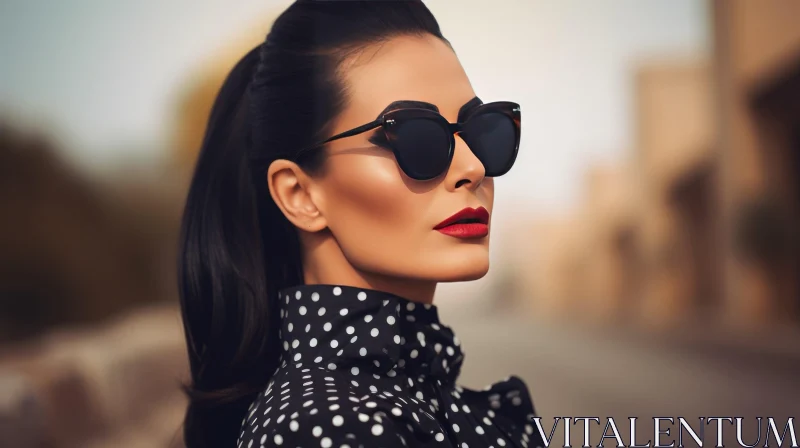 Serious Young Woman in Sunglasses and Polka Dot Blouse AI Image