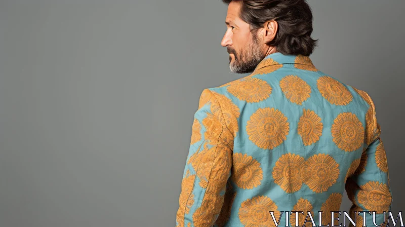 Stylish Man in Blue Suit with Orange Floral Pattern AI Image