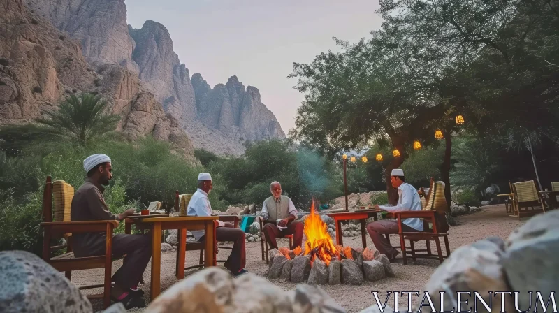 Traditional Emirati Men around Bonfire in Desert | Intimate Conversation AI Image