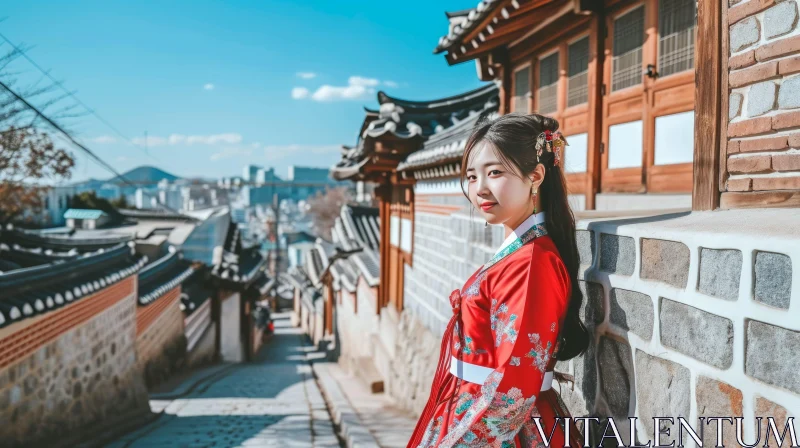Traditional Korean Woman in Red Hanbok | Captivating Village Scene AI Image