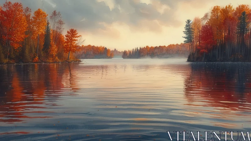 Tranquil Lake Watercolor Painting in Autumn AI Image