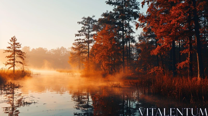 Tranquil Sunrise Over Lake with Reflective Trees AI Image
