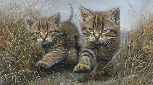 Wildcat Kittens Running Through Grass Field Painting