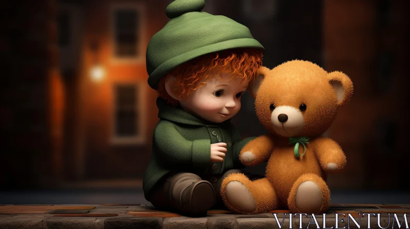 Young Boy and Teddy Bear 3D Rendering AI Image