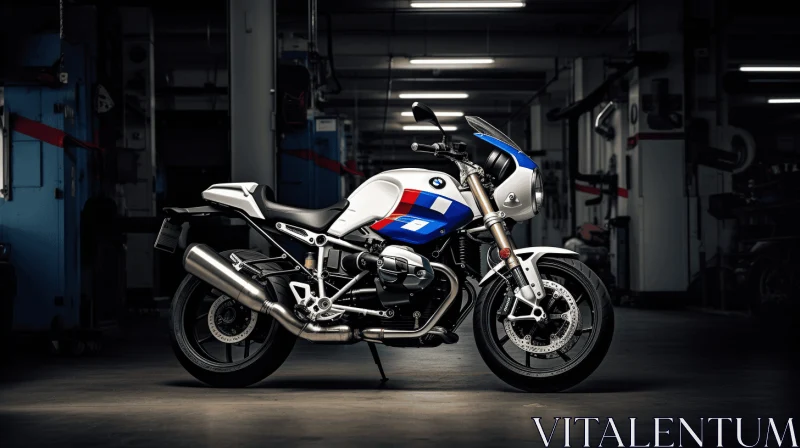 Blue and White BMW Motorcycle in Garage | Digital Constructivism AI Image