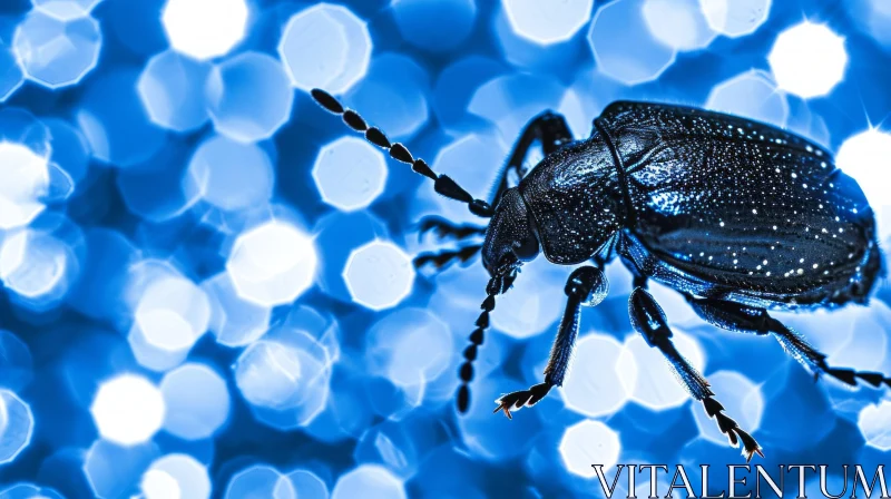 Blue Beetle Close-up Photo on Blurred Blue Background AI Image