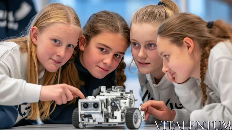 Captivating Encounter: Girls Engaged with Fascinating Robot AI Image