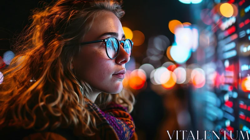 Captivating Night Portrait of a Thoughtful Woman in Glasses AI Image
