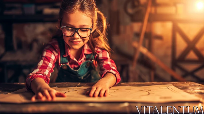 Cheerful Girl in Red Flannel Shirt and Denim Overalls in Wood Shop AI Image