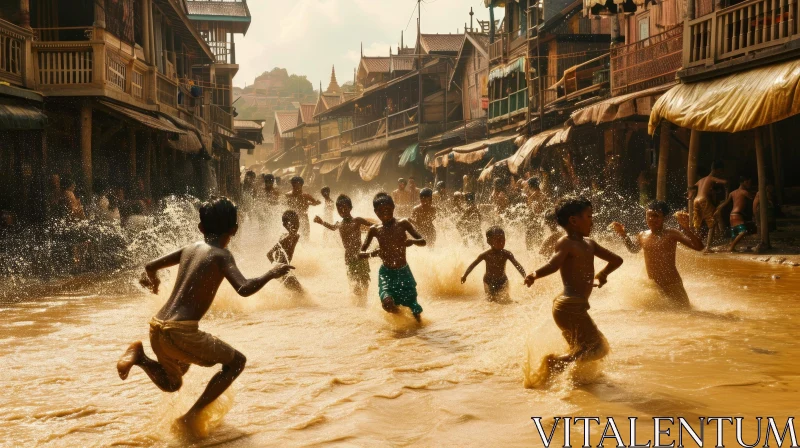Children Playing in Flooded Street: Finding Joy Amidst Hardship AI Image