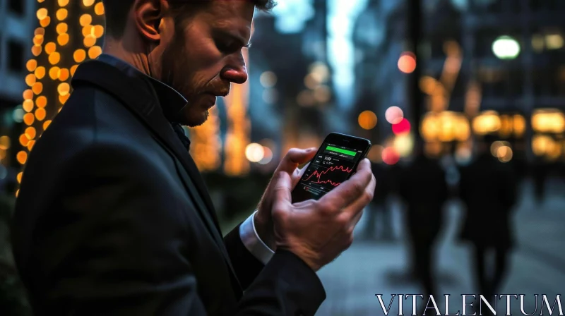 City Night Scene: Man in Suit Looking at Phone AI Image