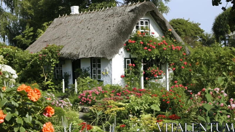 Enchanting Thatched Roof Cottage in a Vibrant Garden AI Image
