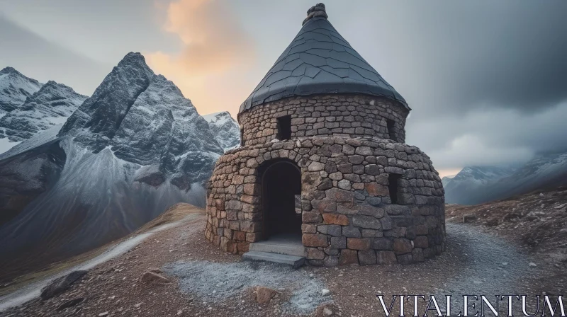 Majestic Stone Building in a Snowy Mountain Landscape AI Image