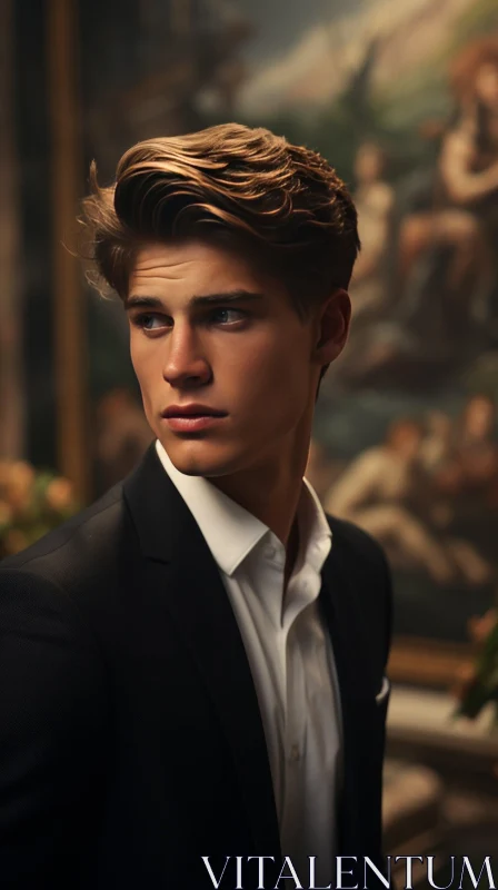 Serious Young Man Portrait in Black Suit AI Image