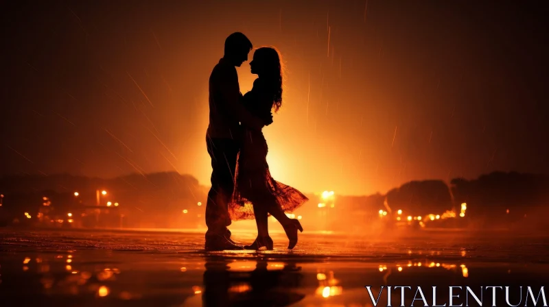 Silhouette Couple Embracing in Rain at Night AI Image