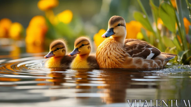 Tranquil Family of Ducks Swimming in Pond AI Image