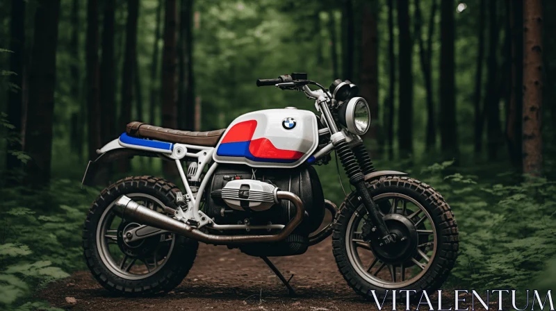 AI ART Vibrant BMW Motorcycle Parked in the Woods | Americana Iconography