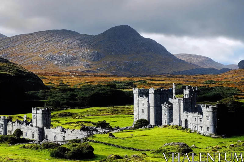 Captivating Castle in Irish Countryside: A Serene Mountainous Vistas Composition AI Image