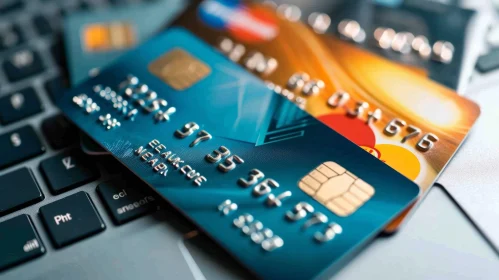 Credit Cards on Laptop Keyboard - Blue and Orange Plastic Cards