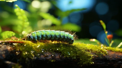 Detailed Green Caterpillar on Mossy Branch