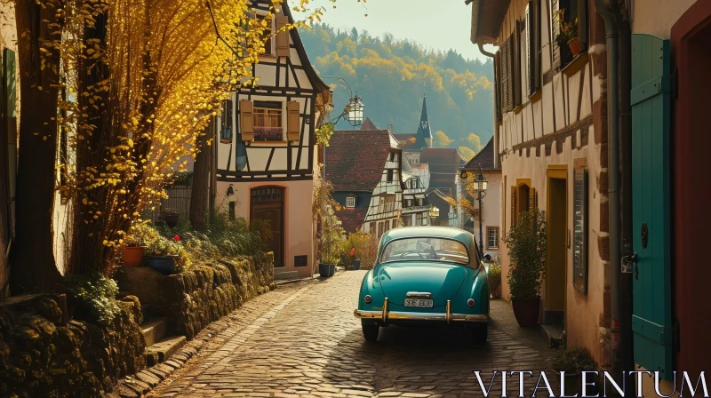 European Village Street Scene with Half-Timbered Houses and Vintage Car AI Image