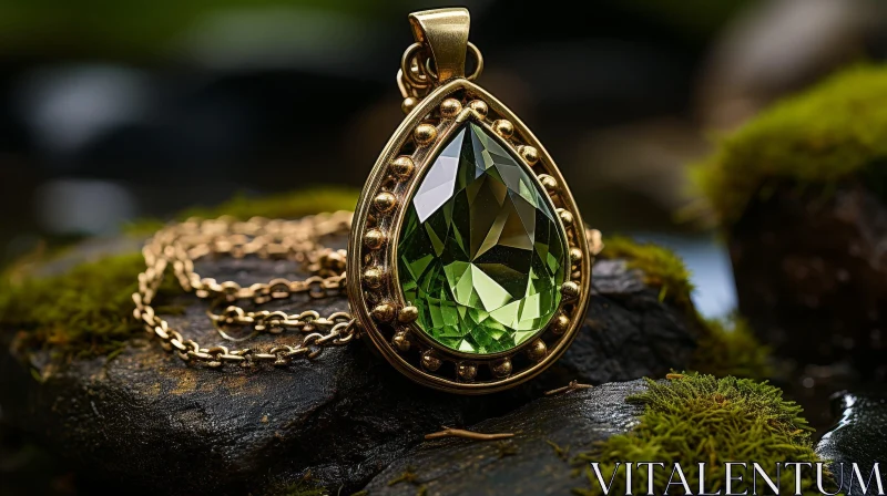Green Gemstone Teardrop Pendant on Gold Chain in Forest Setting AI Image