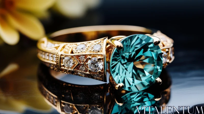 Luxurious Gold Ring with Aquamarine Gemstone and Diamonds AI Image
