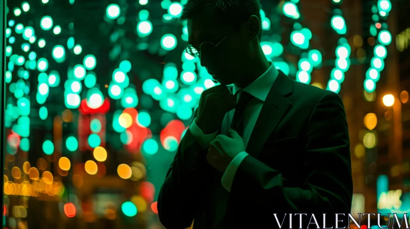 Man in Suit Standing in Front of Window at Night AI Image