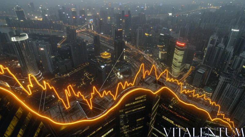 Moody Night View of a Modern City with a Sinuous Yellow Line Graph AI Image