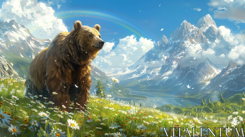Mountain Valley Landscape with Bear and Rainbow AI Image