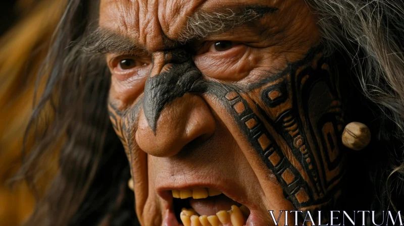 Powerful Close-Up of Maori Man with Traditional Tattoo AI Image