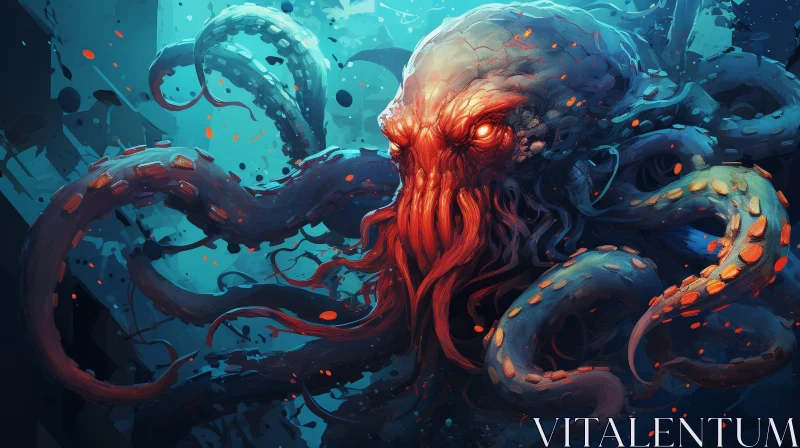 Red Octopus Digital Painting Underwater Creature AI Image