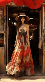 Young Woman in Floral Dress and Straw Hat Standing by Wooden Door