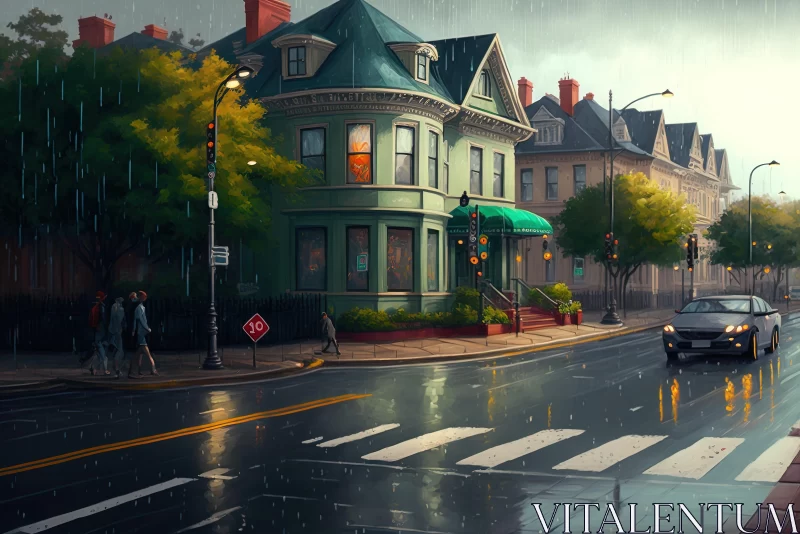 Captivating City Street in the Rain with Detailed Character Design AI Image