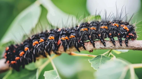 Close-Up Image of Black and Orange Tent Caterpillars on Branch