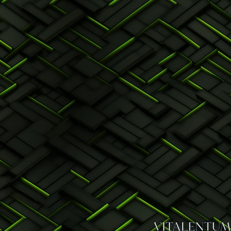 Dark Geometric 3D Rendering with Green Glowing Lines AI Image