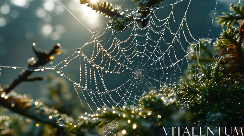 Enchanting Spider Web in Morning Dew AI Image