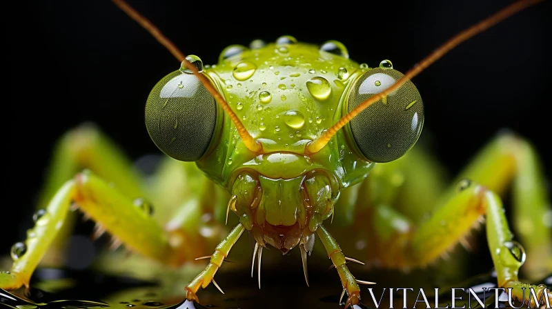 AI ART Green Katydid Close-Up on Leaf with Water Droplets