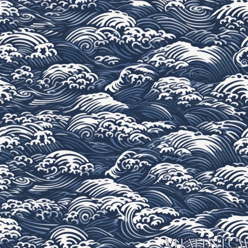 Japanese Style Blue and White Waves Pattern AI Image