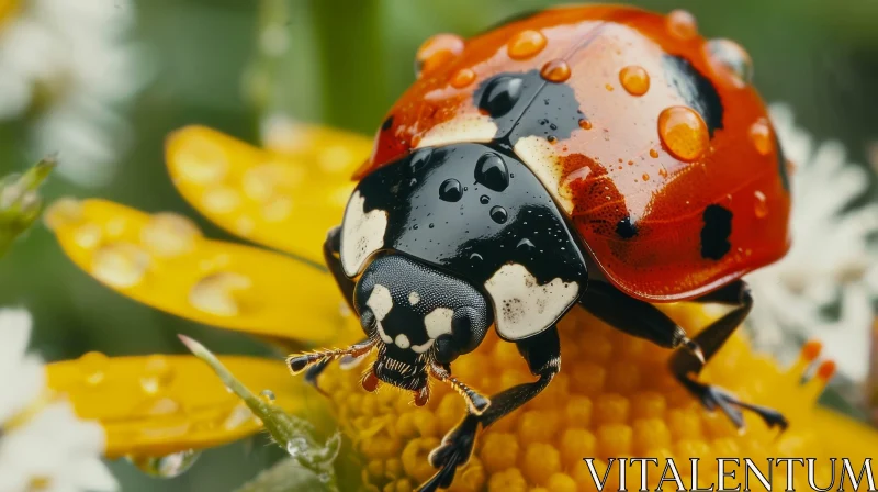AI ART Red Ladybug on Yellow Flower - Macro Nature Photography