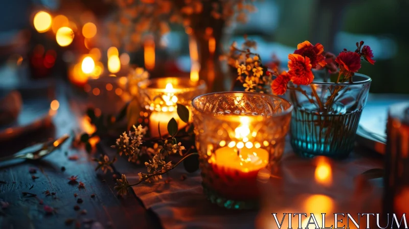 Romantic Dinner Table Setting with Candles and Flowers AI Image